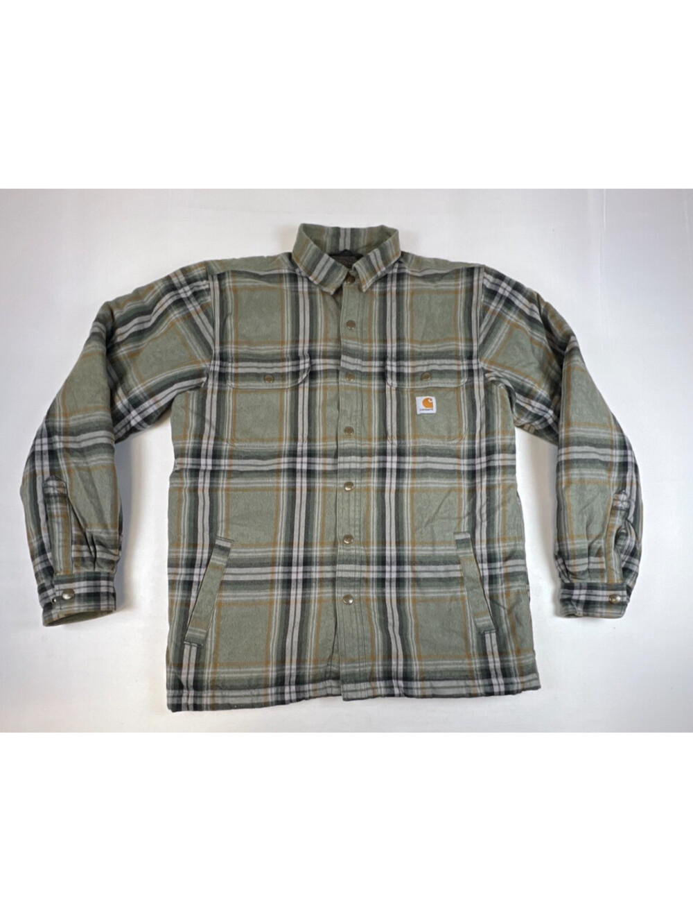 Carhartt Men M Green Plaid Sherpa Lined Heavy Flannel Shirt Jacket Snap-Front